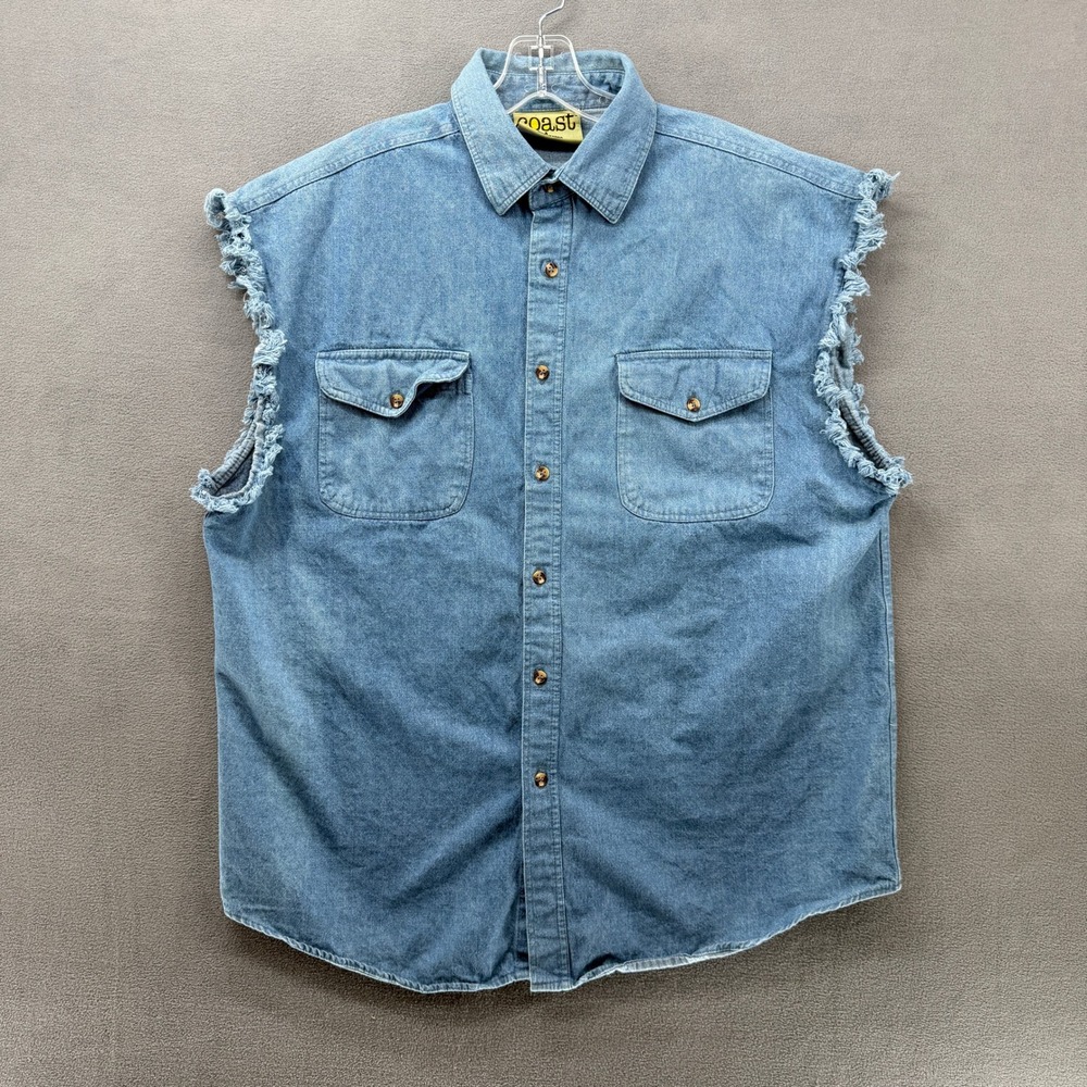 Coast Mens Denim Vest Sleeveless Frayed Raw Hem Size L Blue Button Down